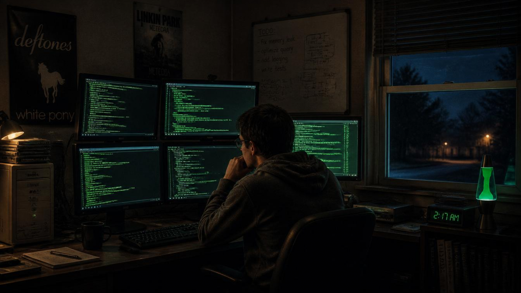 Ingeniero programando de noche frente a múltiples monitores con código verde — la infraestructura invisible que NVIDIA construyó para la inteligencia artificial